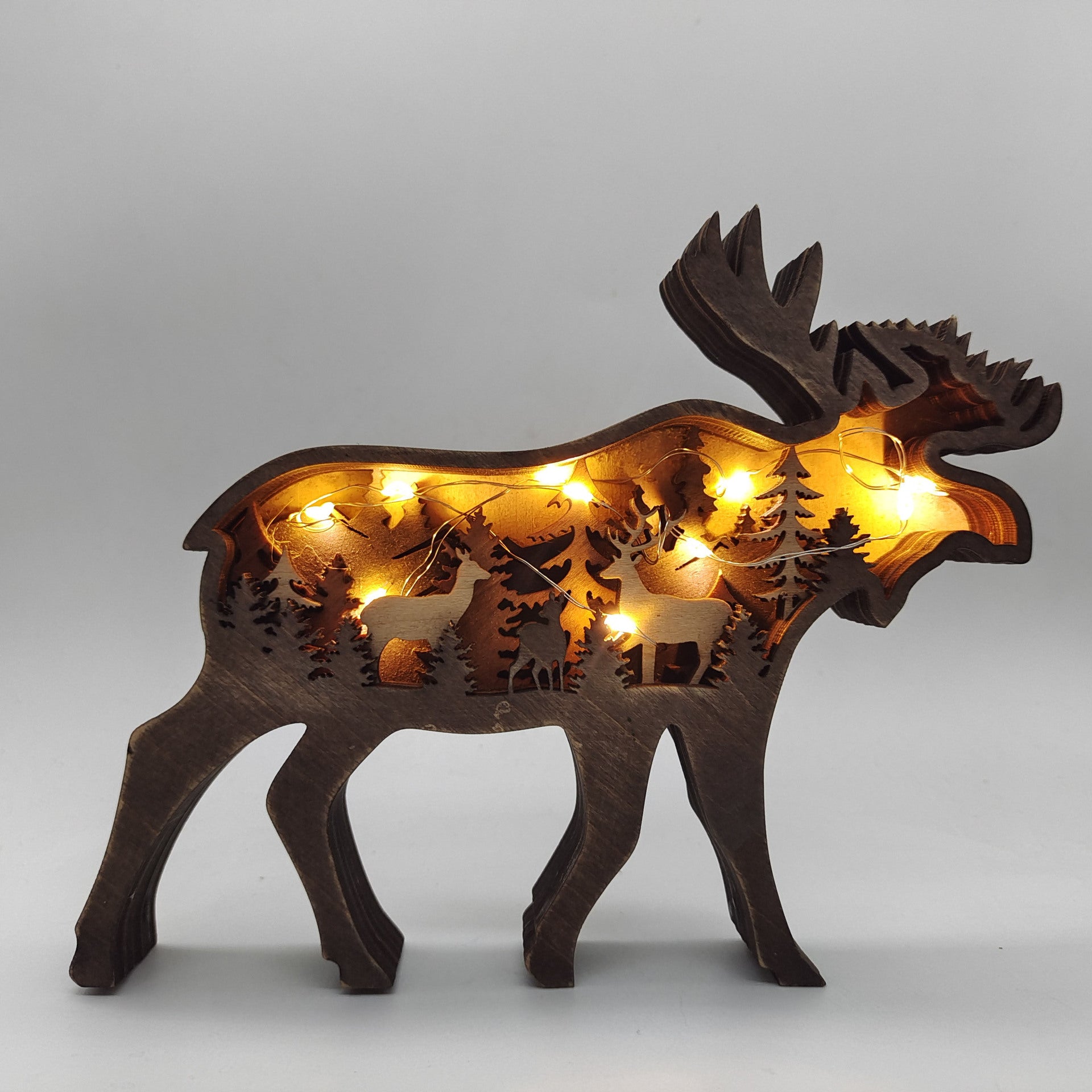 Christmas Decoration Wooden Animal Carving Handcraft Gift Wall Hanging Sculpture 3D Bear Deer Elk Art Decor New Year Ornaments